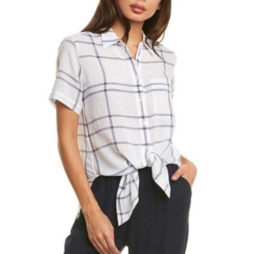 THEORY  HEKANINA TIE FRONT SHIRT LINEN BLEND SHORT SLEEVE Blouse Size Petite